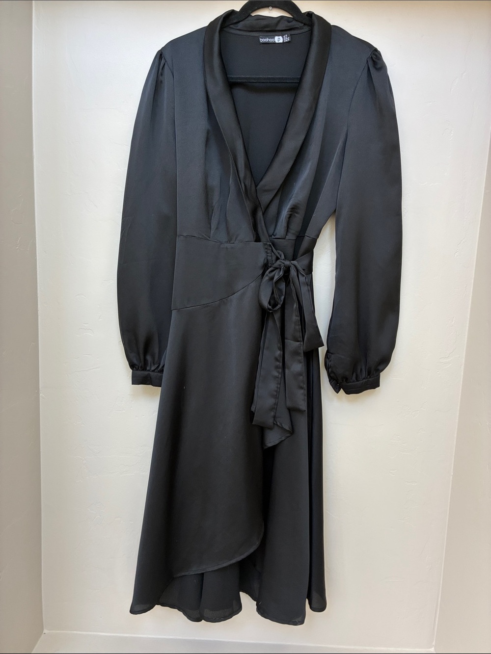 Boohoo Black Satin Wrap Midi Dress